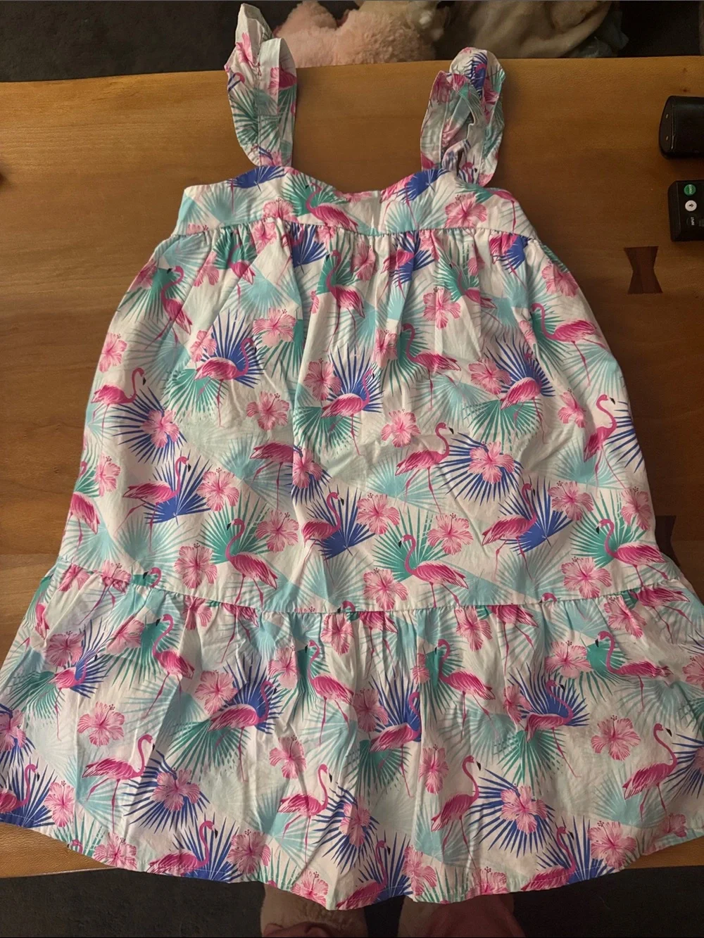 Gymboree White Tropical Flamingo Print Sundress with Pink and Teal Accents
